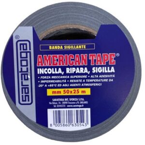 Nastro adesivo telato americano originale Saratoga: american tape è uno scotch ad alta adesività e tenacità, resistente alle alte ed alle basse temperature, all'umidità, all'acqua. Banda sigillante ottima per professionisti, il nastro adesivo americano grigio è ideale per professionisti ed hobbisti.