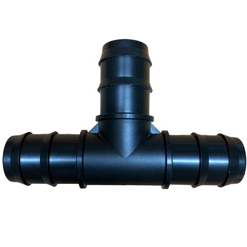 Raccordo tee portagomma per irrigazione agricola: manicotto a T ideale per far cambiare direzione ai tubi semirigidi di polietilene per gli impianti di irrigazione in campagna, nell'orto, nel giardino.