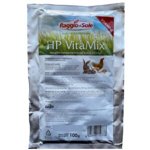 Vitamine per galline e conigli, HP VitaMix Raggio di Sole è un integratore alimentare vitaminico per volatili e coniglietti. Può essere utilizzato per galline ovaiole, pulcini appena nati, polli e polletti, conigli e coniglietti, e può essere miscelato al mangime, oppure all'acqua.