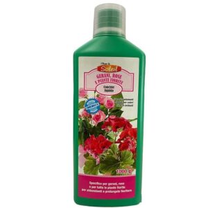 concime per piante fiorite, rose e gerani Raggio di sole. Concime liquido fertilizzante per concimare le piante a cui si vuole migliorare la durata e l'intensità di fioritura