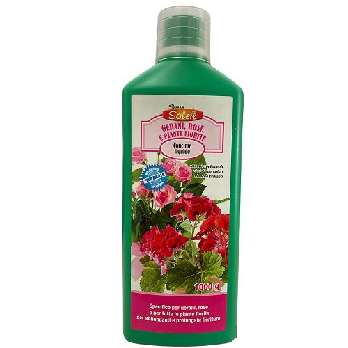concime per piante fiorite, rose e gerani Raggio di sole. Concime liquido fertilizzante per concimare le piante a cui si vuole migliorare la durata e l'intensità di fioritura
