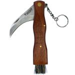 coltello per raccogliere i funghi, con lama in acciaio inox, manico in legno con righello inciso, setole per la pulizia del fungo, e gancio portachiave.